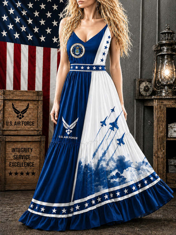 A woman models a sleeveless V-neck maxi dress with a U.S.