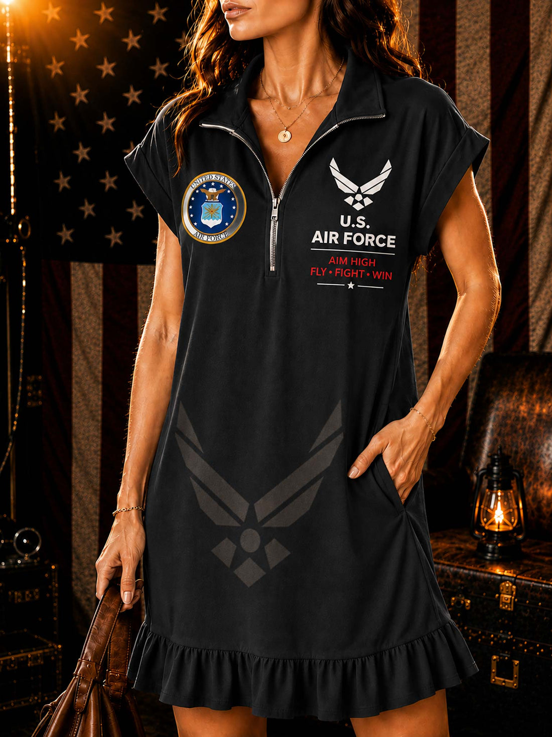 A woman models a white short-sleeve polo dress with U.S.