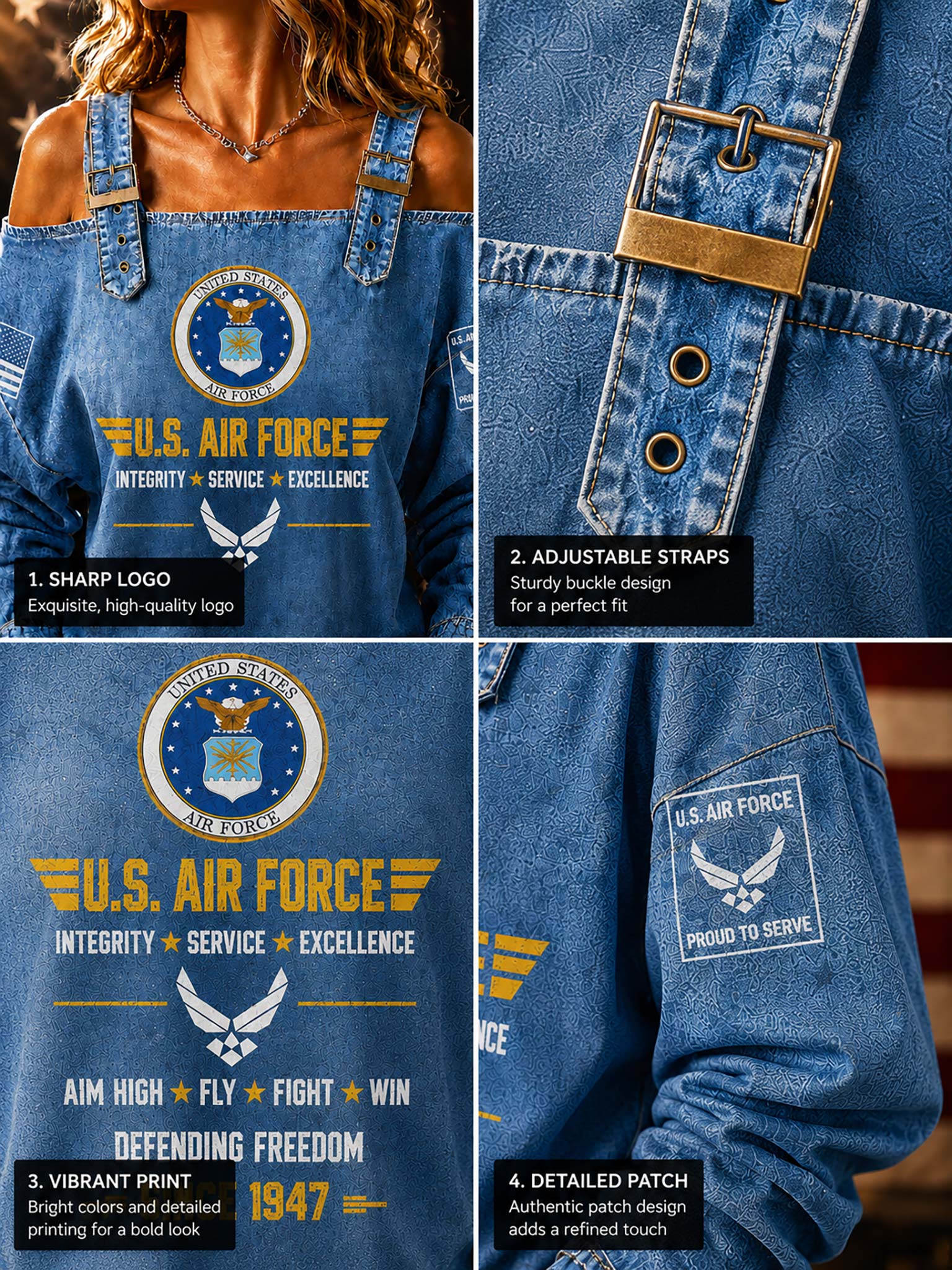 A four-panel product detail collage showing a blue denim-style U.S.