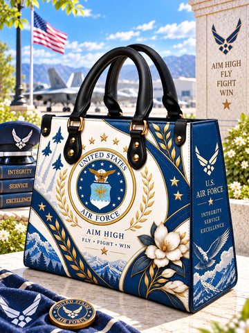 United States Air Force Heritage Elegance Leather Bag front view with crest and aviation artwork