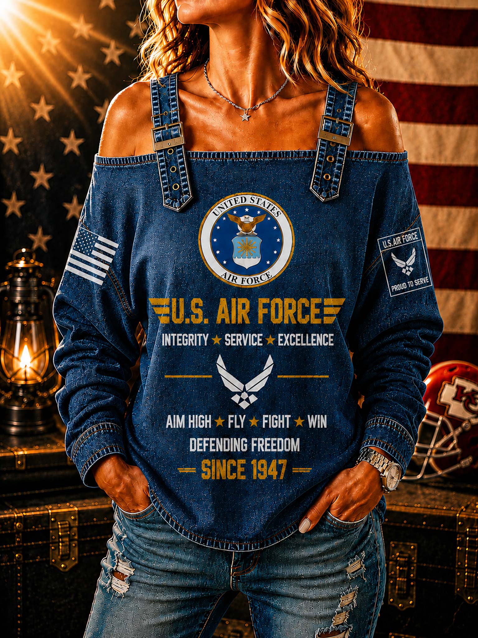 A woman wearing a blue off-the-shoulder long-sleeve top with U.S.
