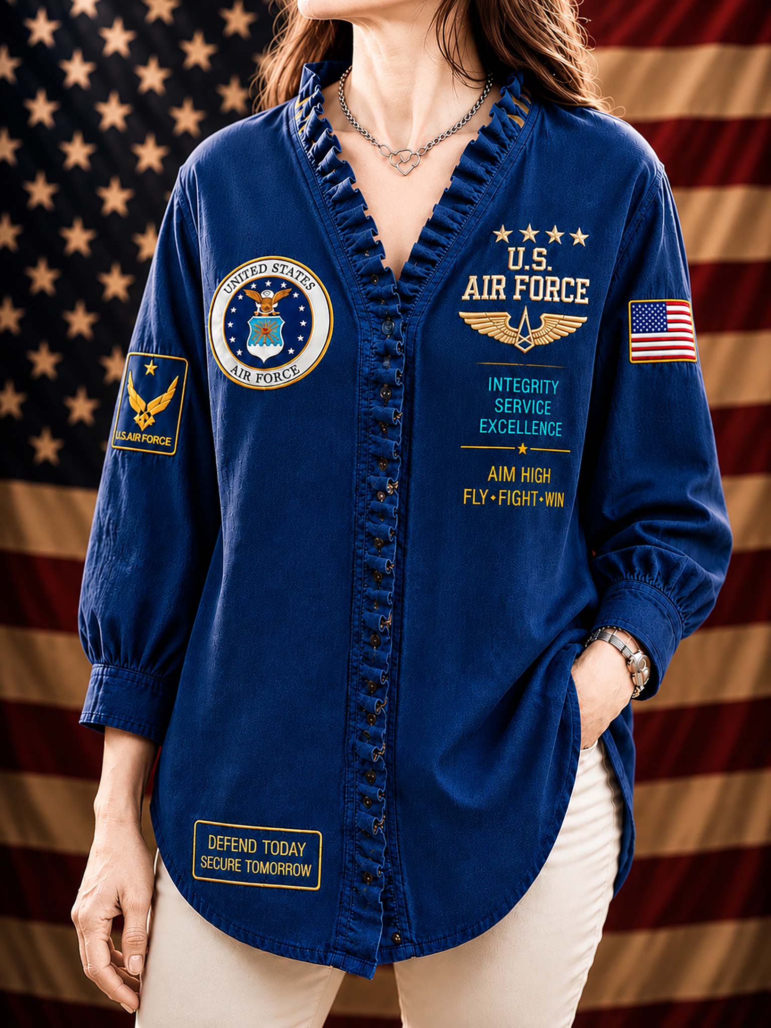 A woman wearing a royal blue long-sleeve button-front shirt with U.S.