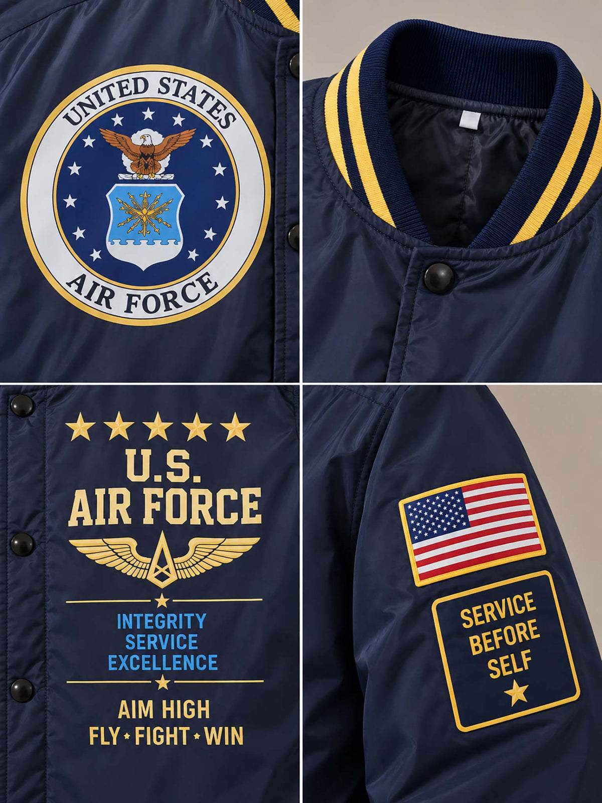 A navy blue varsity-style jacket shown in a four-panel close-up collage. The jacket features a large United States Air Force emblem on the chest, yellow and gold striped ribbed collar, 'U.