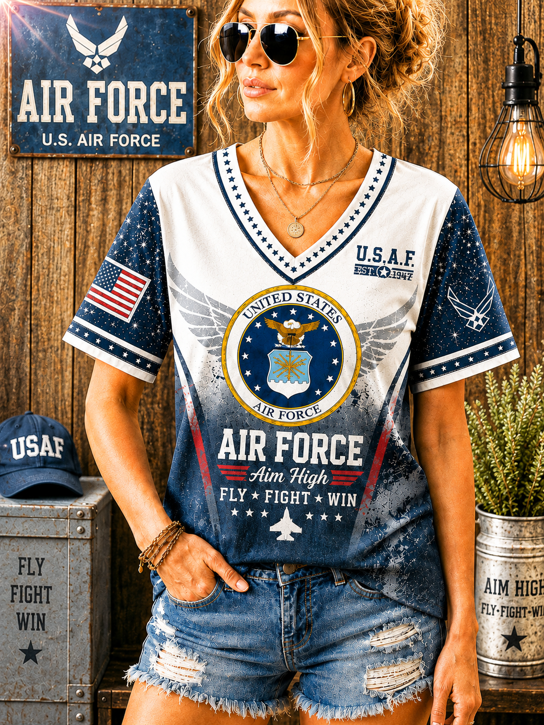 A woman wearing a graphic V-neck t-shirt with a U.S.