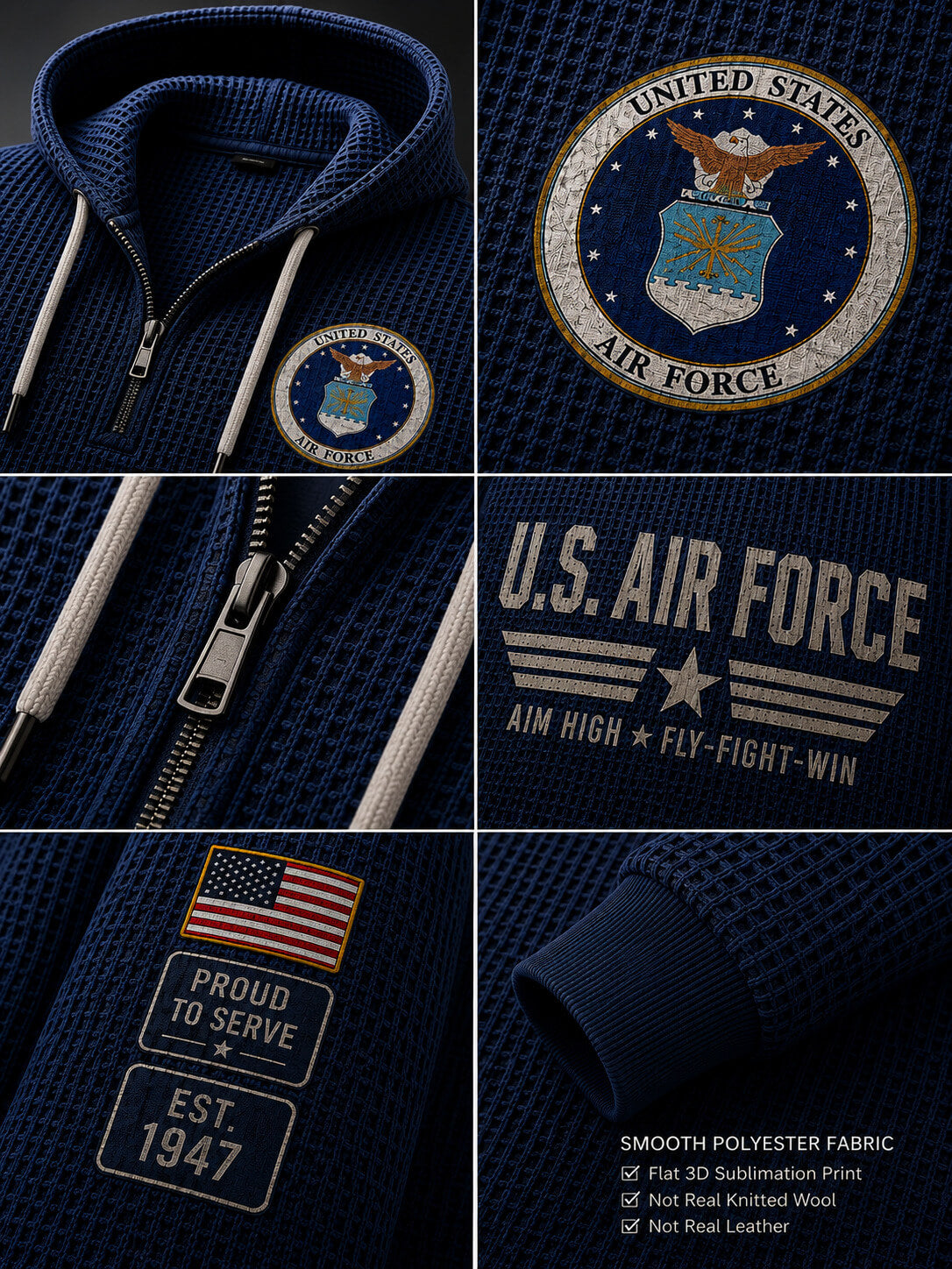 A navy blue waffle-knit zip-up hoodie featuring United States Air Force themed graphics, including a circular U.S.