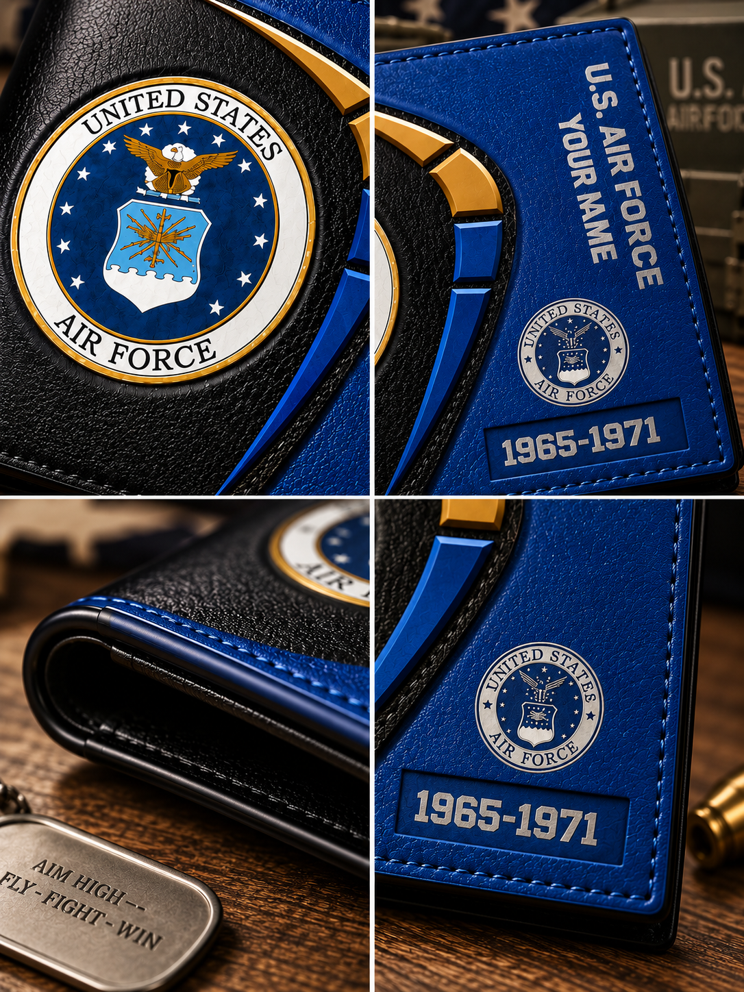 A blue and black leather United States Air Force themed wallet shown in a four-panel collage. The wallet features a large circular metallic U.