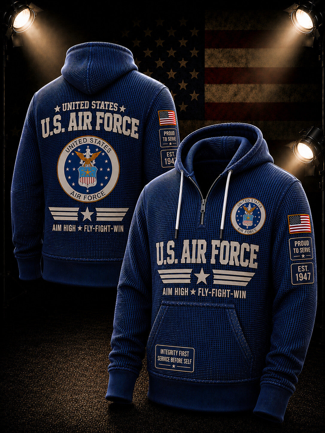A blue waffle-knit pullover hoodie shown from both front and back, featuring large white 'U.S.