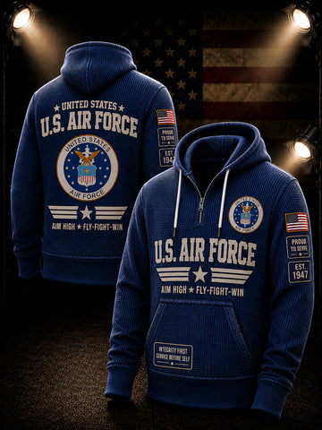 A blue waffle-knit pullover hoodie shown from both front and back, featuring large white 'U.S.