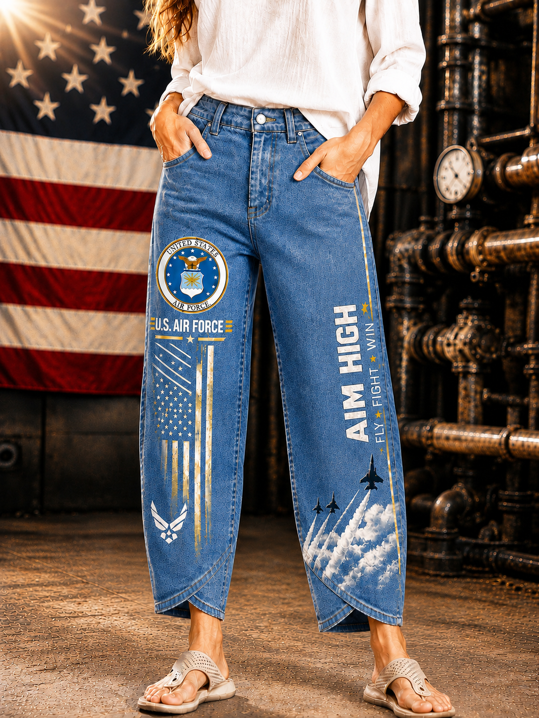United States Air Force Graphic Wide-Leg Denim Pants