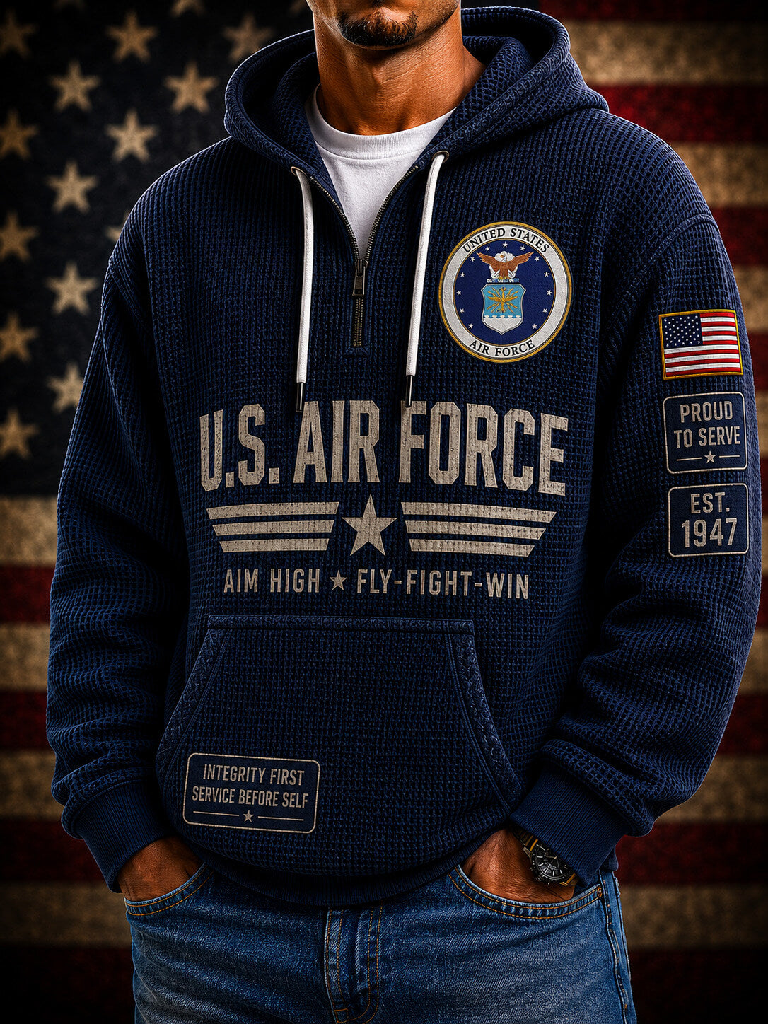 A man wearing a navy blue waffle-knit hoodie with U.S.