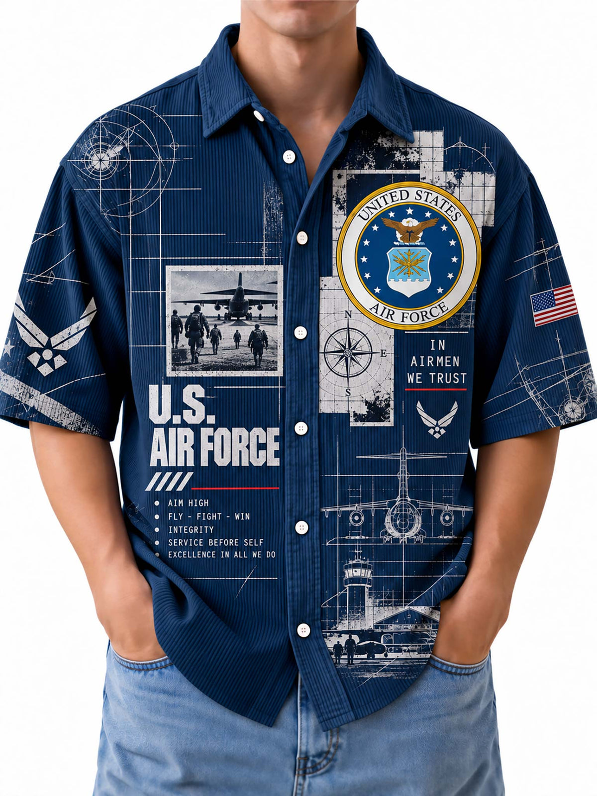 A man wearing a navy blue short-sleeve button-up shirt with a detailed U.S.