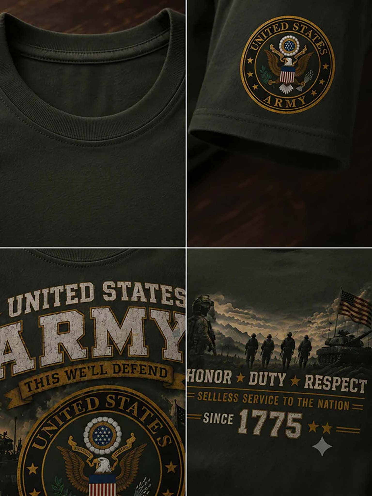 A four-panel close-up collage of a dark olive green graphic T-shirt. The panels show the crew neck, a close-up of the United States Army seal on the sleeve, a large front graphic reading 'United States Army' with the motto 'This We'll Defend,' and a back-style graphic with soldiers, tanks, an American flag, and the text 'Honor Duty Respect Since 1775.