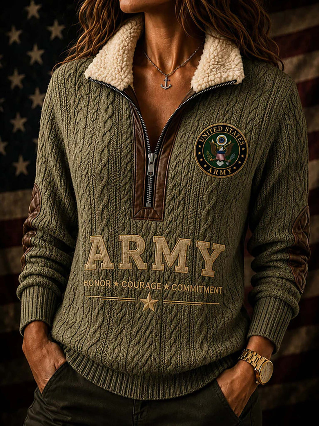 An olive green cable-knit quarter-zip sweater with a beige sherpa collar, shown from both front and back. The front features a gold-colored 'UNITED STATES ARMY' emblem on the left chest, and the back displays a large gold eagle graphic with the same text.