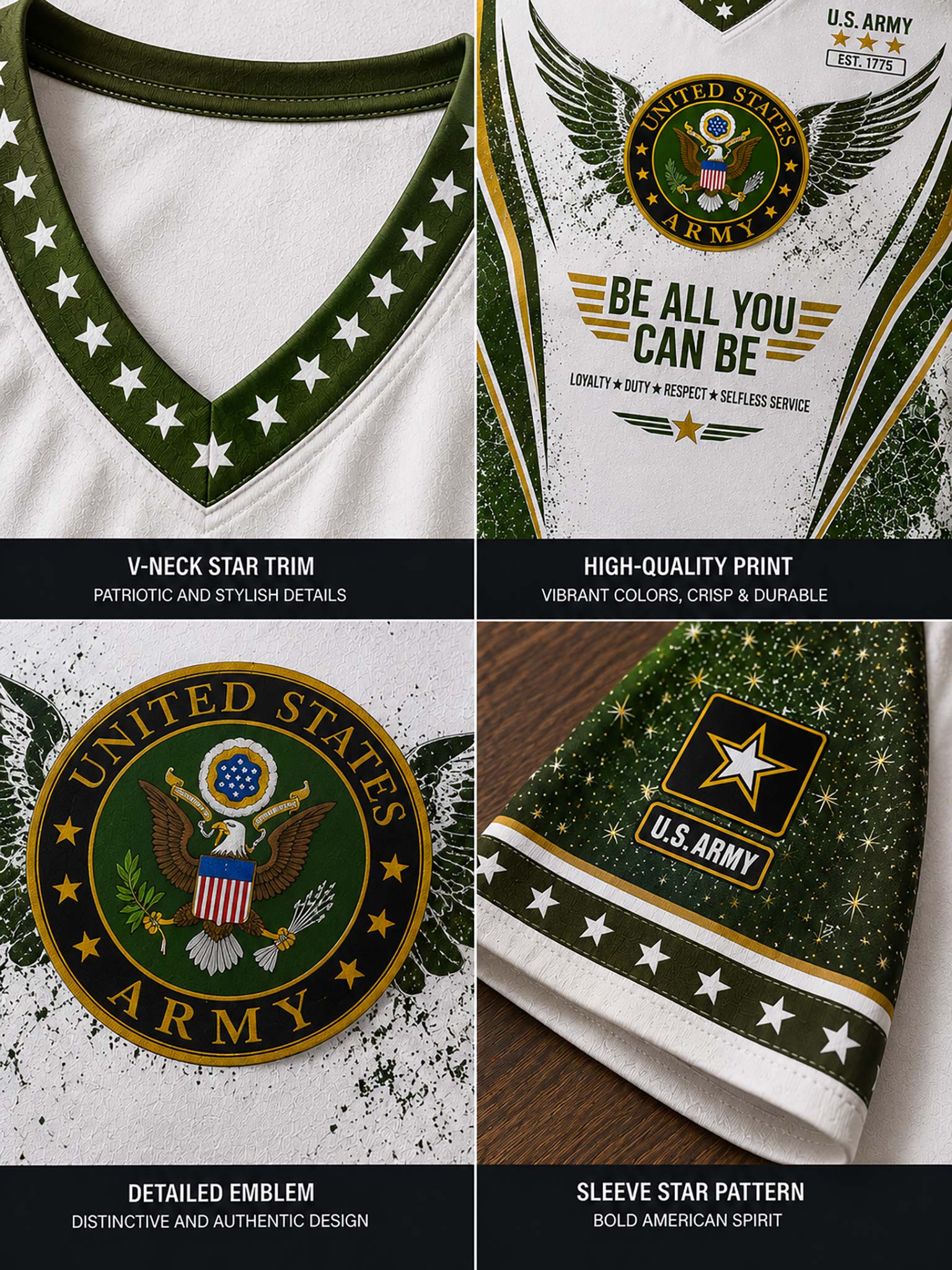 Four-panel product detail collage showing a white and dark green U.S.