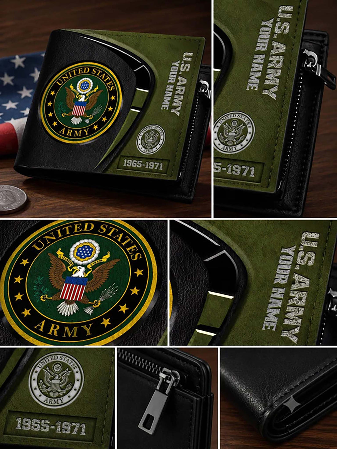 A black and olive green bifold wallet with United States Army emblems, displayed on a wooden surface with a dog tag and a blurred American flag in the background.