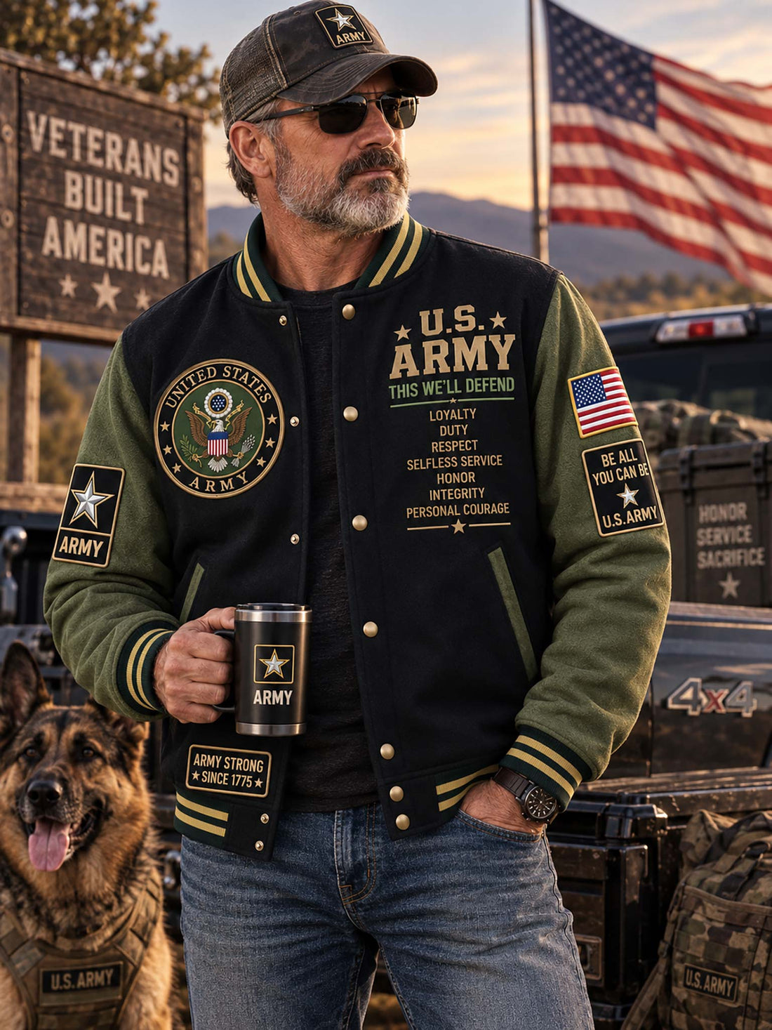 A varsity-style United States Army jacket shown from the front and back, with olive green sleeves and collar, dark navy body panels, gold trim and buttons, and large embroidered Army insignia and text. An American flag patch appears on one sleeve, and the background is a blurred American flag.