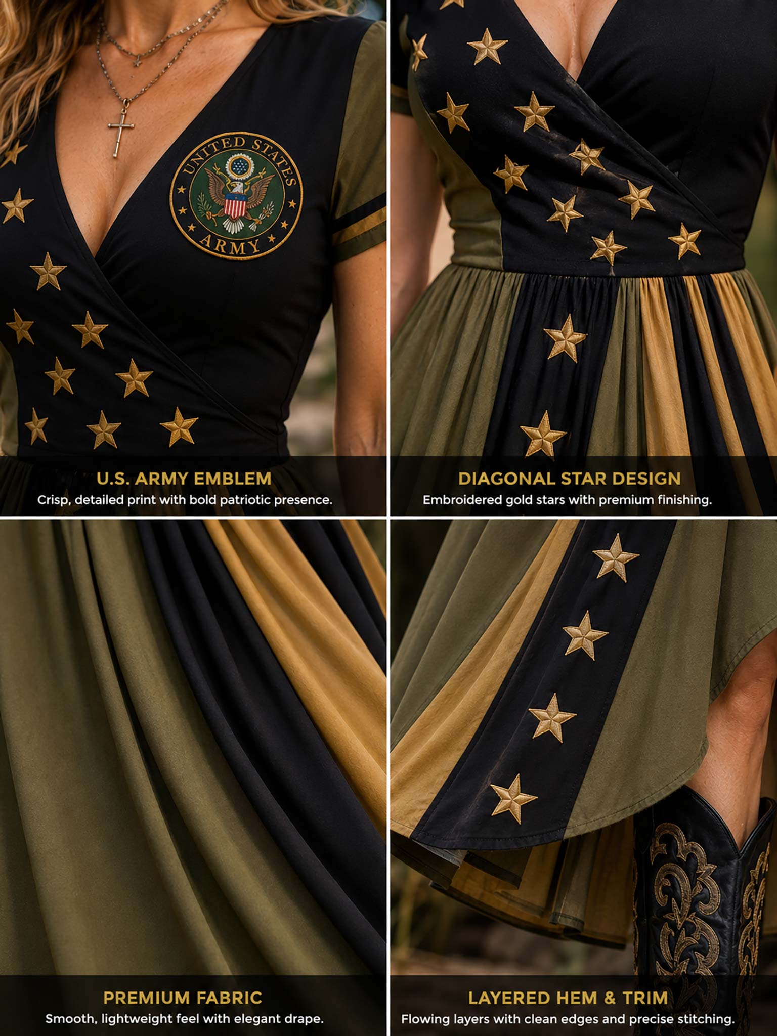 Four-panel product collage showing a black and olive green dress with gold embroidered stars, a U.S.