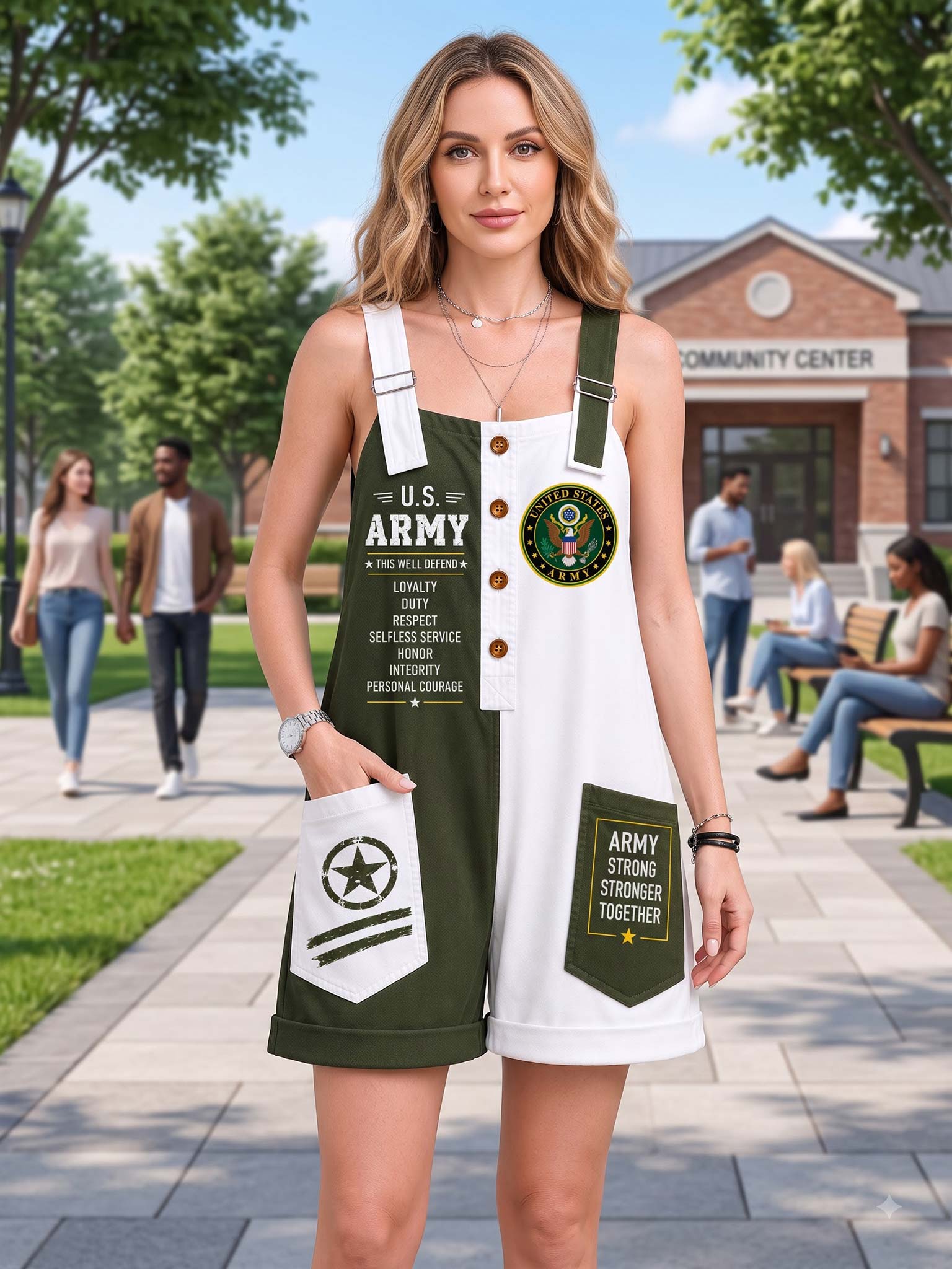 A woman stands outdoors wearing a white and olive green military-themed romper with printed text and insignia, including 'U.S.
