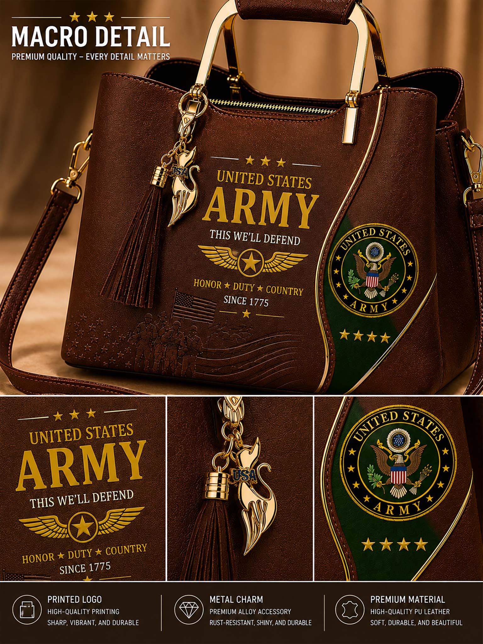A dark brown faux leather handbag with 'United States Army' printed in gold and green on the front and side, featuring a gold eagle charm and a green tassel, shown with detail inset images and marketing text.