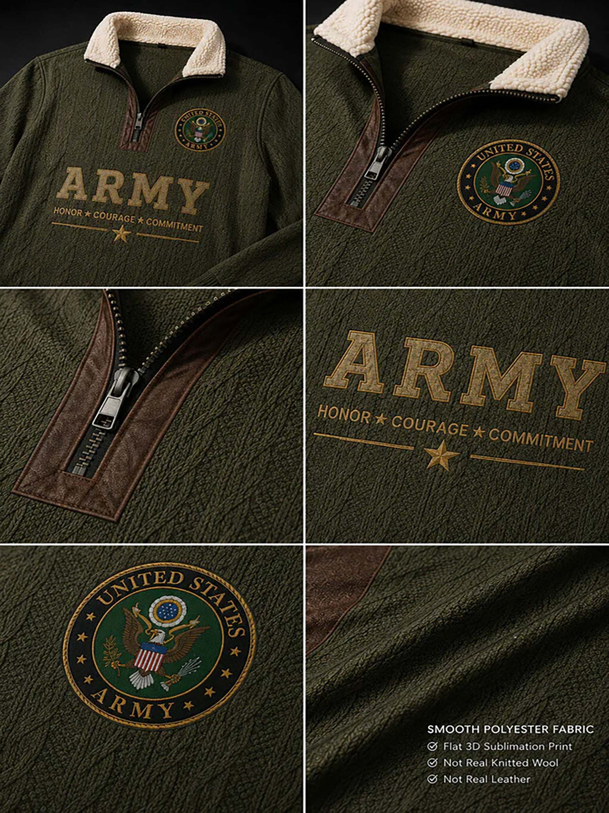 Six-panel product collage showing an olive green quarter-zip pullover with a cream sherpa collar, brown zipper trim, and embroidered 'ARMY' and 'United States Army' patches. Text in the corner notes smooth polyester fabric and non-real knit wool.