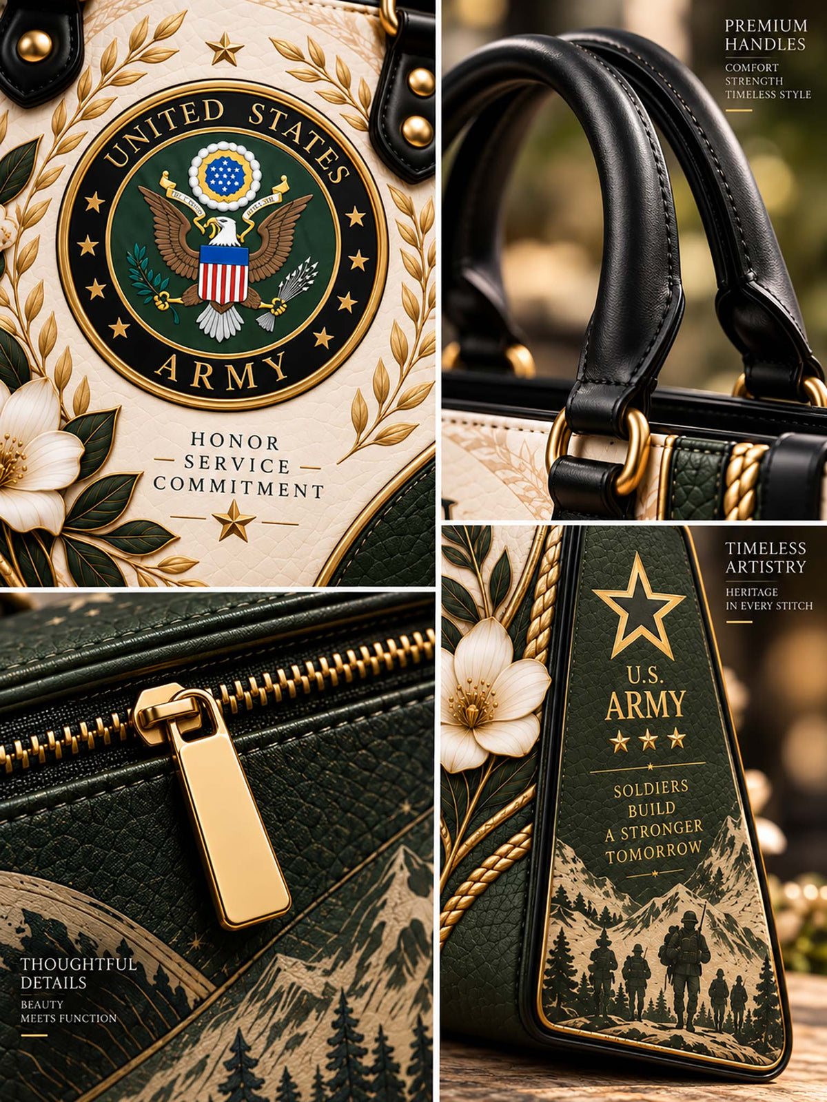 Army Heritage Elegance Leather Bag handle, zipper and printed design details