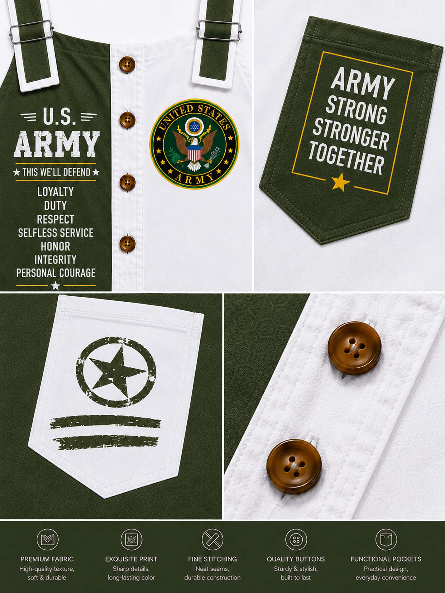 A collage showing a custom military-themed pocket square set on white trousers. The set includes a dark green pocket square with 'U.