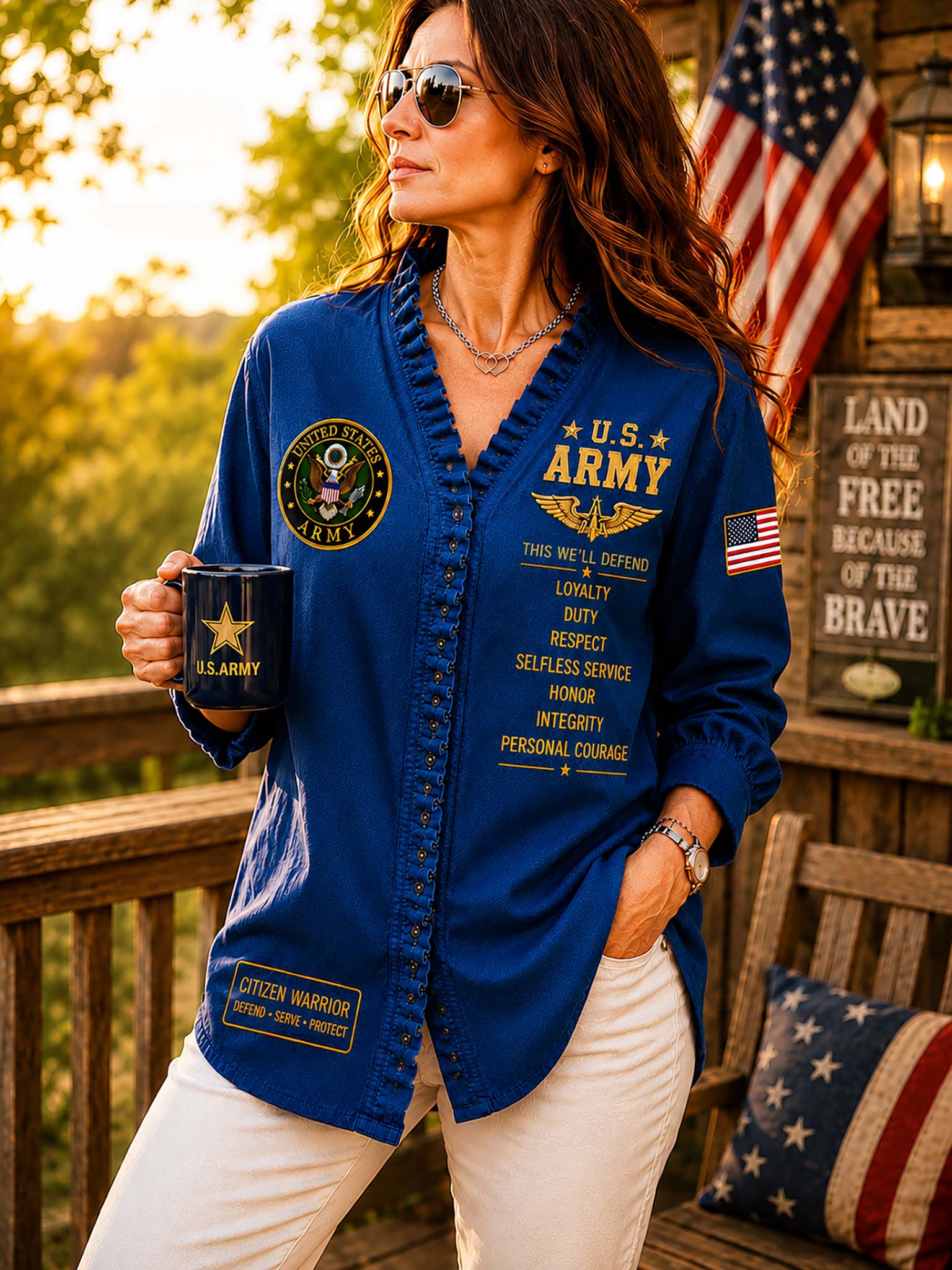 A woman wearing a royal blue U.S.