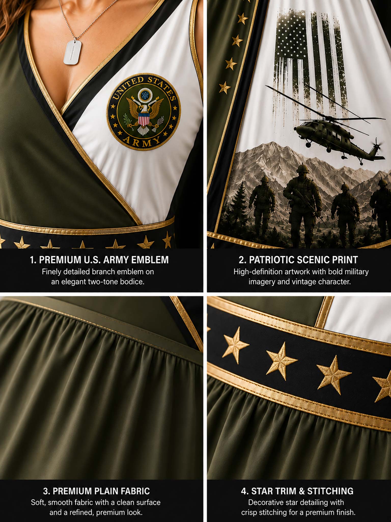 Four-panel product detail collage showing a military-themed dress or garment closeups: a U.S.