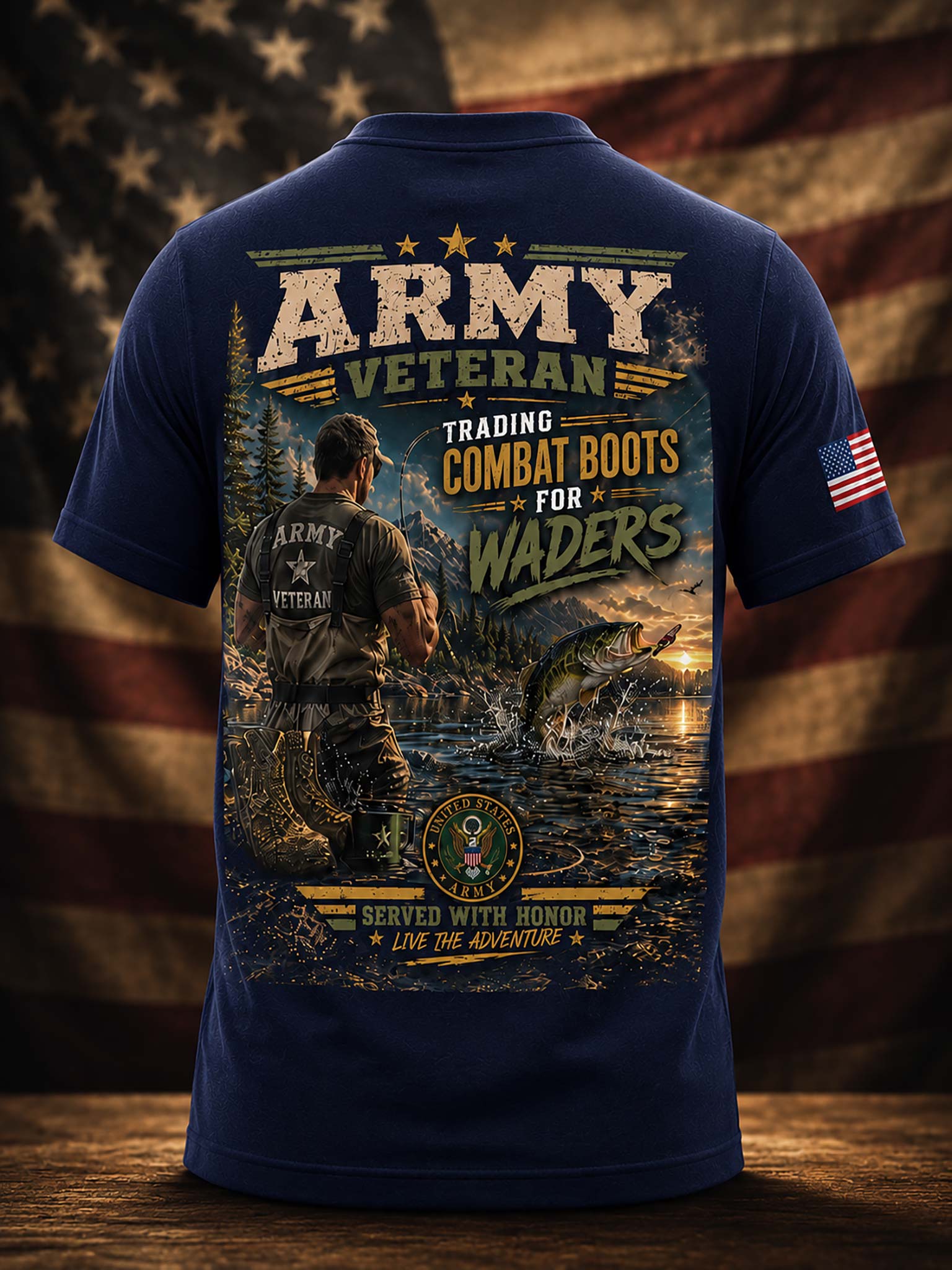A navy blue short-sleeve t-shirt shown from the back, featuring a large graphic print with the words 'ARMY VETERAN', 'TRADING COMBAT BOOTS FOR WADERS', a fisherman standing in water, a jumping fish, and an American flag on the sleeve. The shirt is displayed against a blurred American flag background.