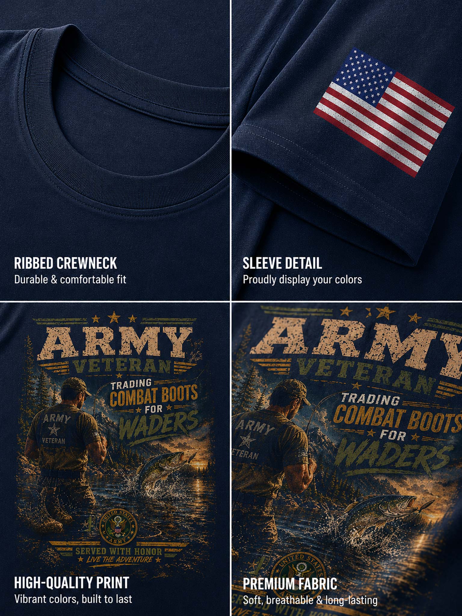 A four-panel product collage showing a navy blue short-sleeve T-shirt: ribbed crewneck fit, sleeve detail with an American flag graphic, front artwork reading 'ARMY VETERAN' with a soldier and boots, and fabric/quality claims. This is not a real environment and functions as a clean product presentation, so subject_type is Product/Packaging.