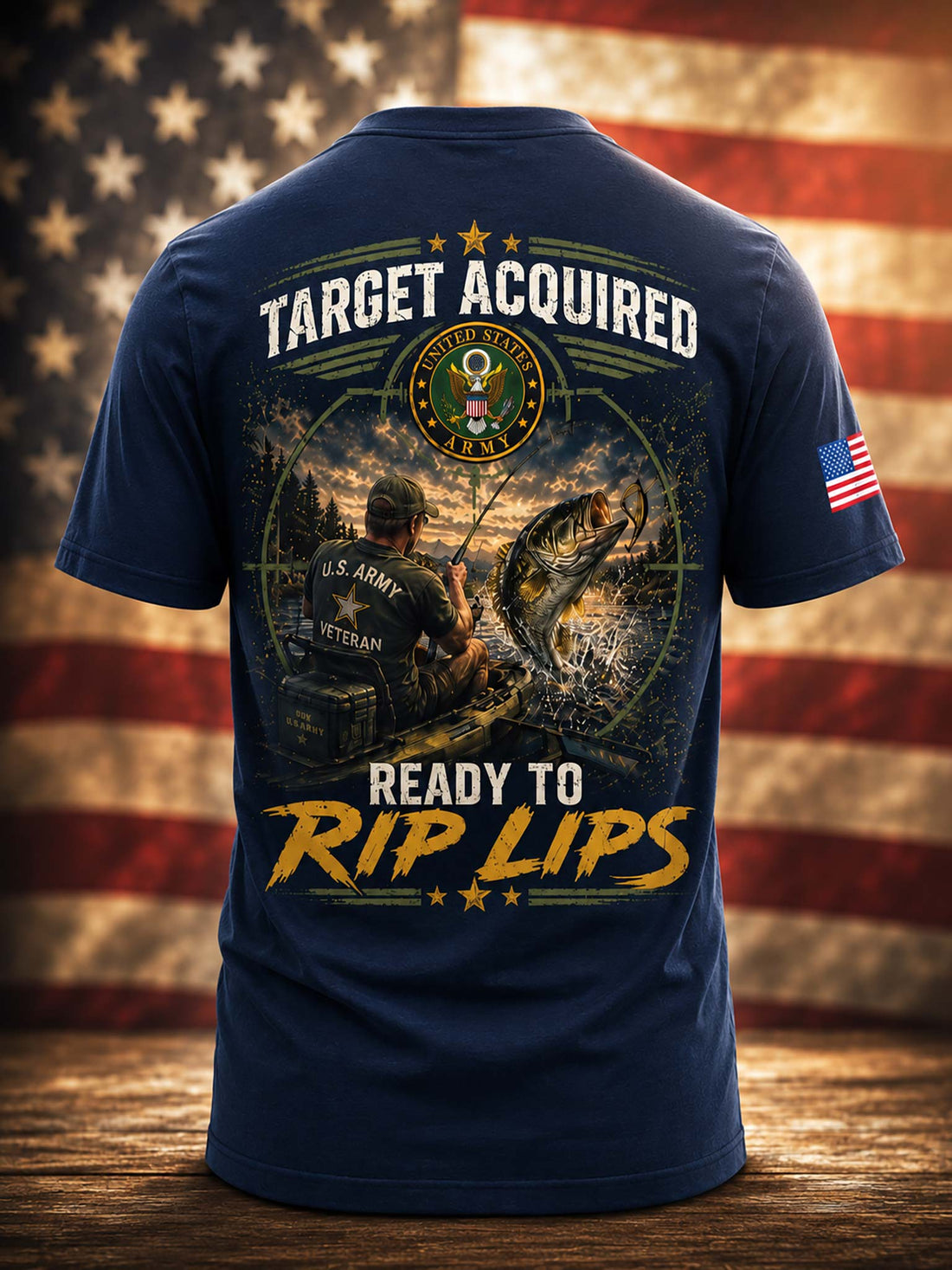A dark charcoal gray t-shirt shown from the back, featuring a large graphic print with a U.S.