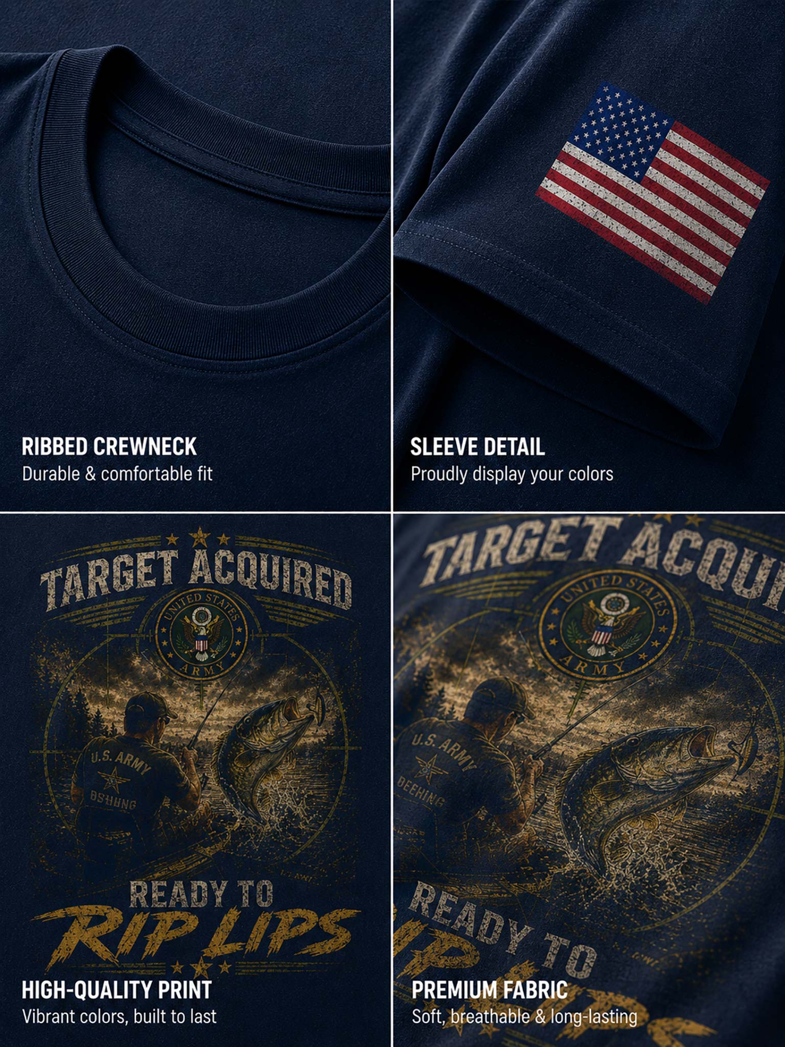 Four-panel product detail collage of a navy blue T-shirt. Top-left shows the ribbed crewneck; top-right shows a sleeve detail with a small American flag patch; bottom-left and bottom-right show the front graphic print with distressed text reading 'TARGET ACQUIRED' and 'READY TO RIP'.