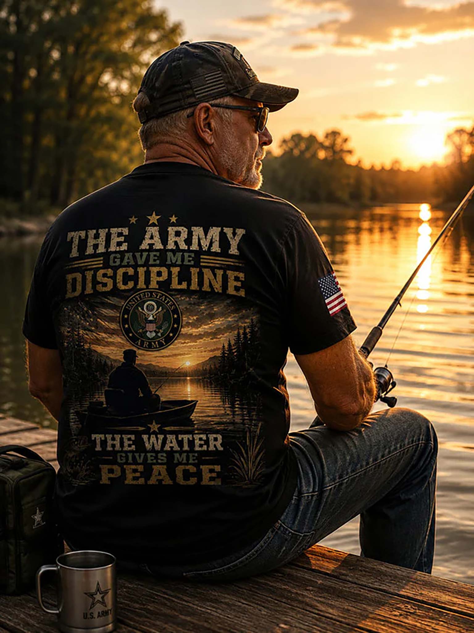 A man sits on a wooden dock by a lake at sunset, wearing a black graphic T-shirt with a large back print reading 'THE ARMY GAVE ME DISCIPLINE THE WATER GIVES ME PEACE' and an American flag patch on the sleeve. He is holding a fishing rod, with a metal mug in the foreground.