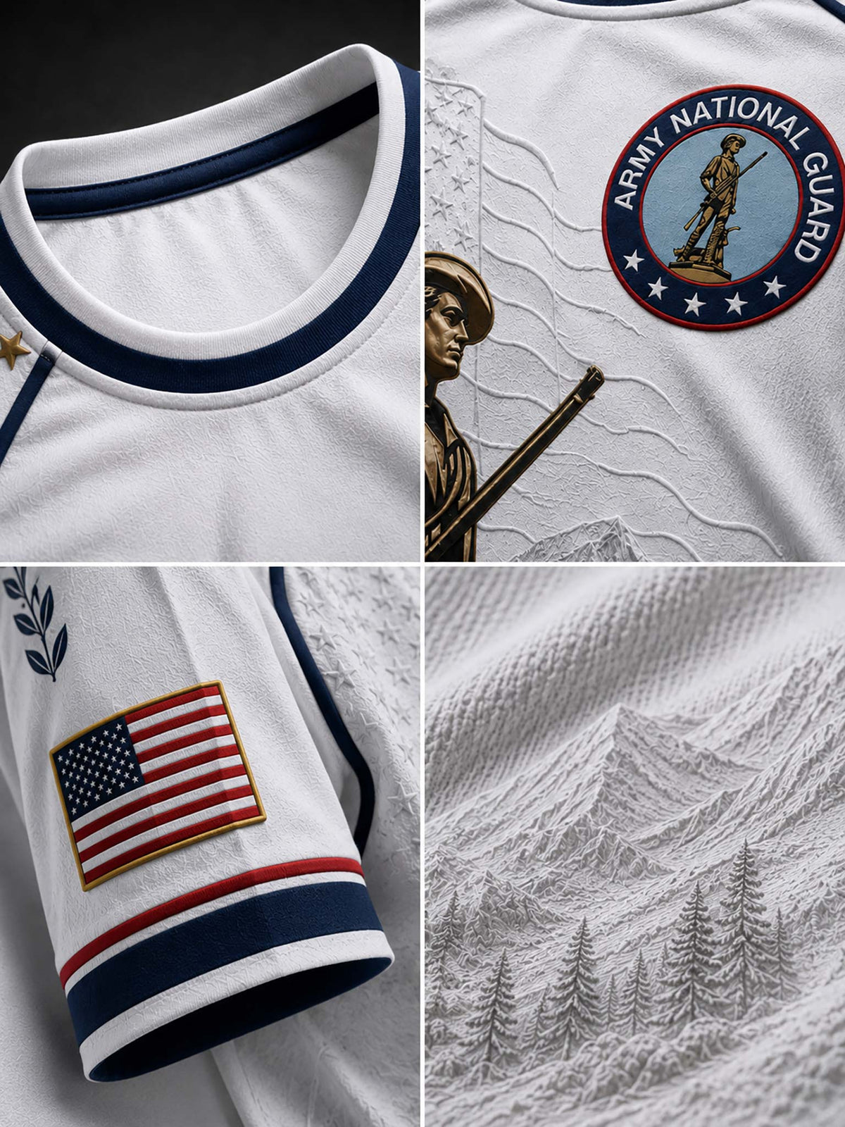 A close-up collage of a white Army National Guard themed jersey, showing the navy and red collar, the circular Army National Guard crest on the chest, an American flag patch on the sleeve, and a detailed mountain and pine tree landscape print on the back.