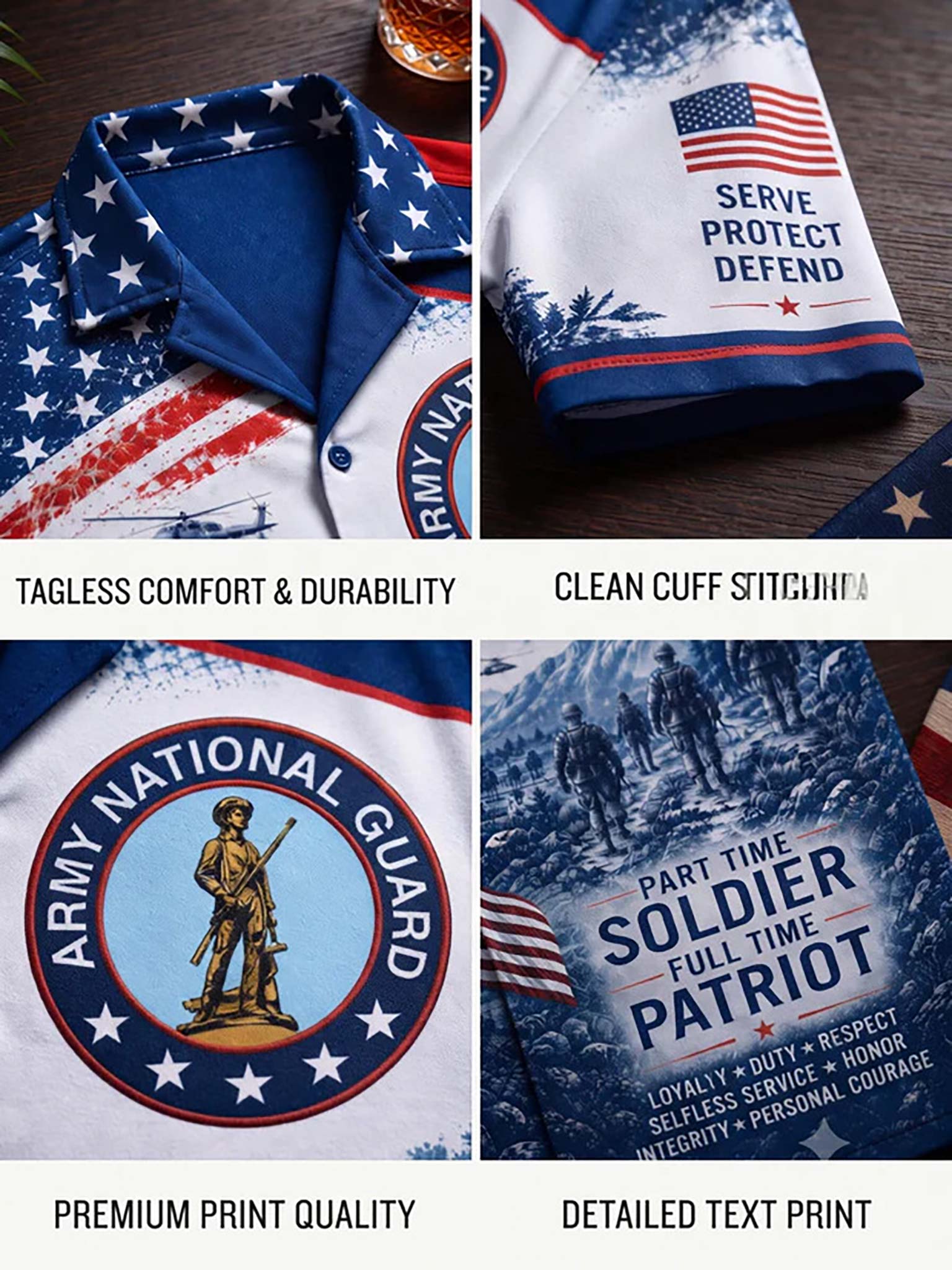 A four-panel collage showing a patriotic Army National Guard themed shirt and matching cuff. The top-left panel shows a close-up of the collar and flag-patterned sleeve with text 'TAGLESS COMFORT & DURABILITY.