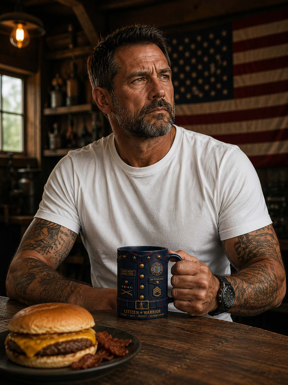 A ceramic mug designed to look like a navy blue military uniform jacket with gold and red embroidered details, stars, and badges, including 'Army National Guard' and 'Citizen Warrior' text, set against an American flag background.
