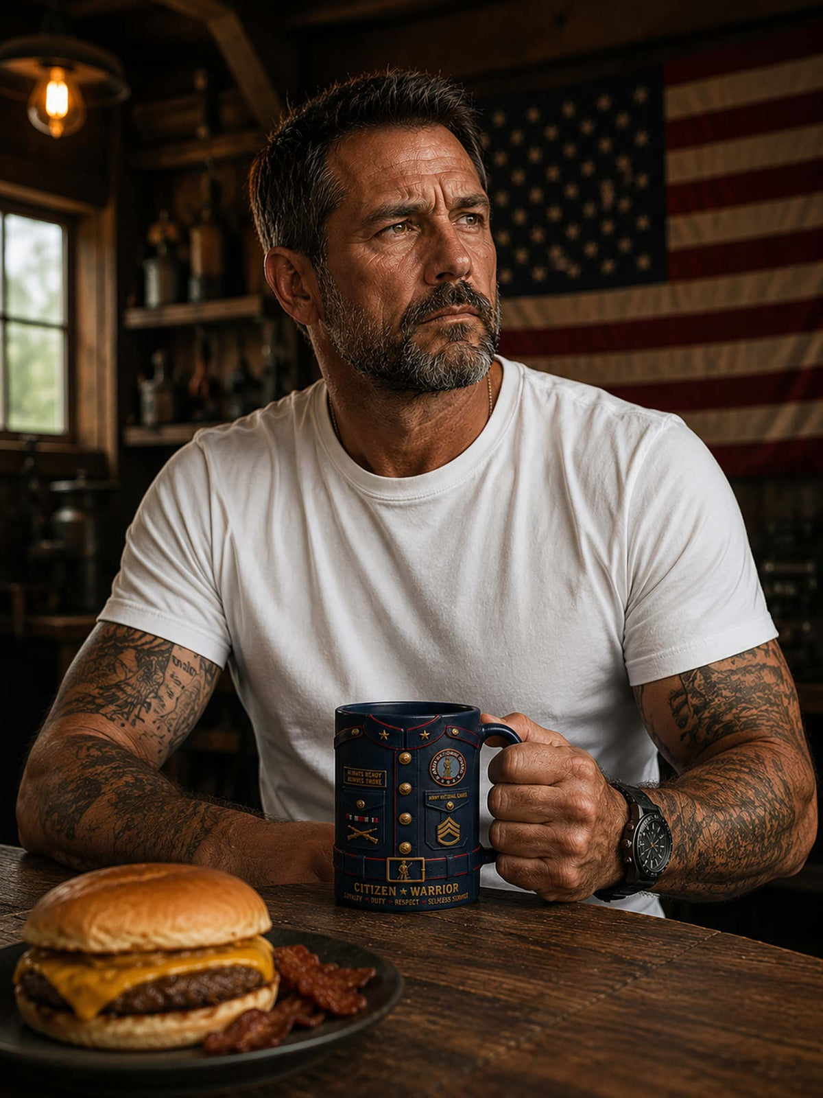 A man with tattoos wearing a white t-shirt sits at a wooden table in a rustic bar setting, holding a dark blue mug with gold military-style insignia. A burger and bacon are on a plate in the foreground, with an American flag hanging in the background.