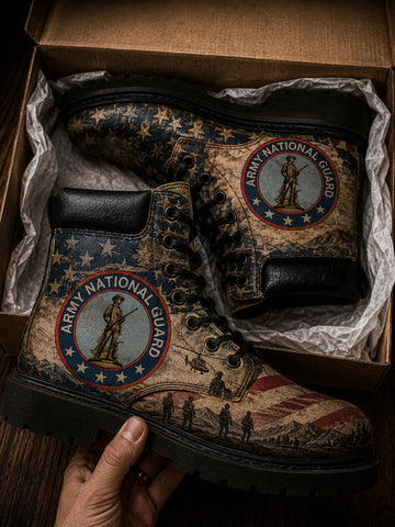 A pair of lace-up combat boots displayed inside an open cardboard shoebox with tissue paper, with a hand holding the front boot. The boots feature a distressed American flag and military theme with the 'Army National Guard' emblem on the side.