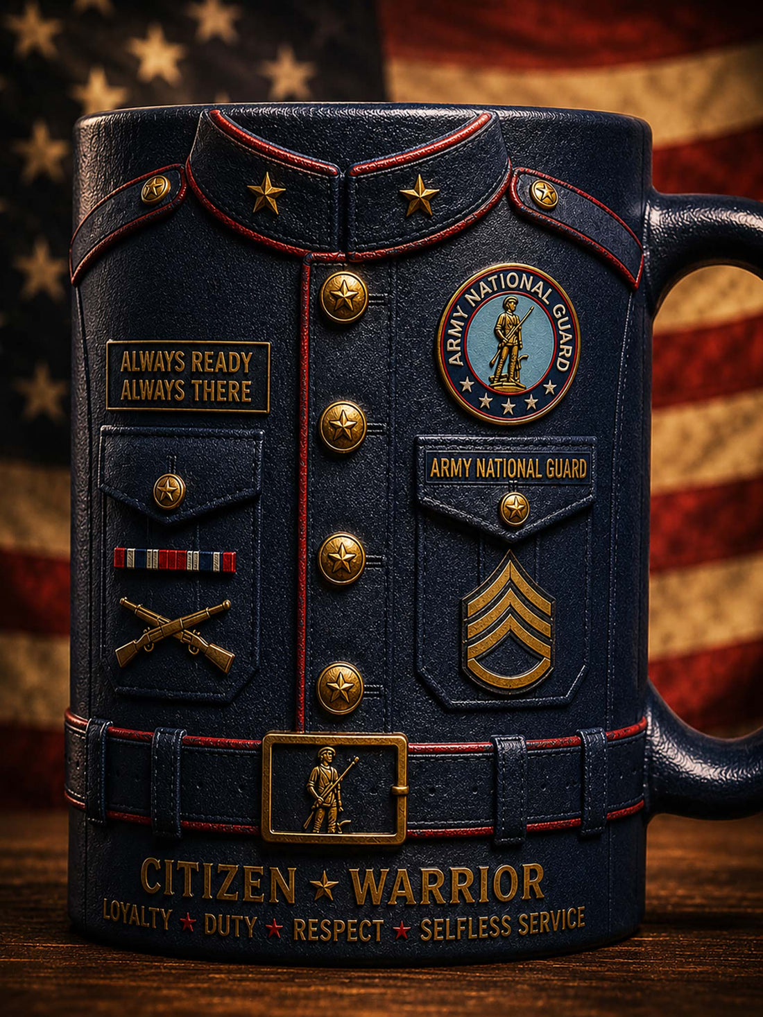 A ceramic mug designed to look like a navy blue military uniform jacket with gold and red embroidered details, stars, and badges, including 'Army National Guard' and 'Citizen Warrior' text, set against an American flag background.