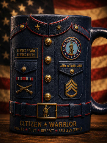 A ceramic mug designed to look like a navy blue military uniform jacket with gold and red embroidered details, stars, and badges, including 'Army National Guard' and 'Citizen Warrior' text, set against an American flag background.