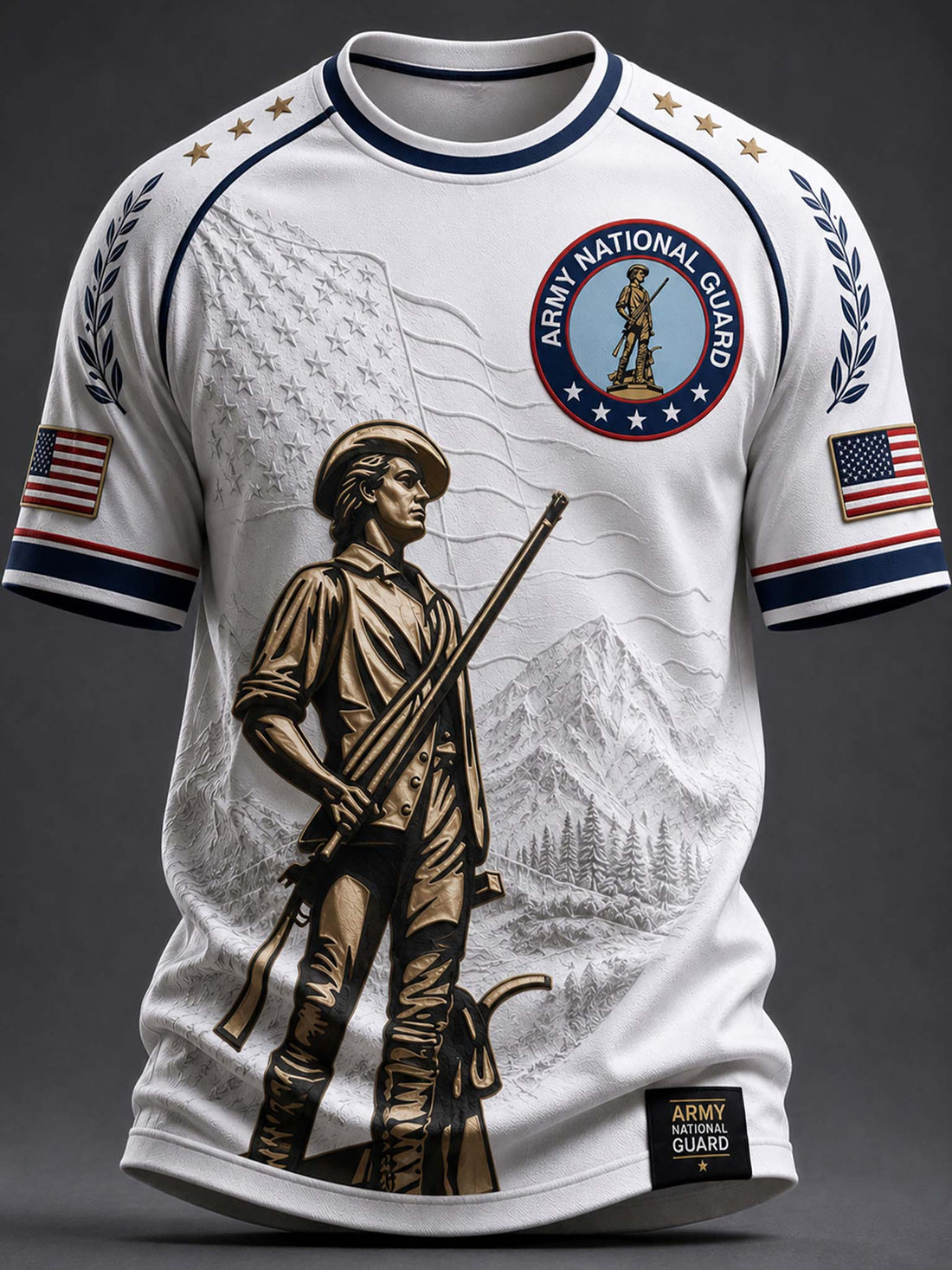 A white short-sleeve t-shirt with a detailed military graphic featuring a bronze soldier, mountains, an American flag, and an 'Army National Guard' emblem on the chest.