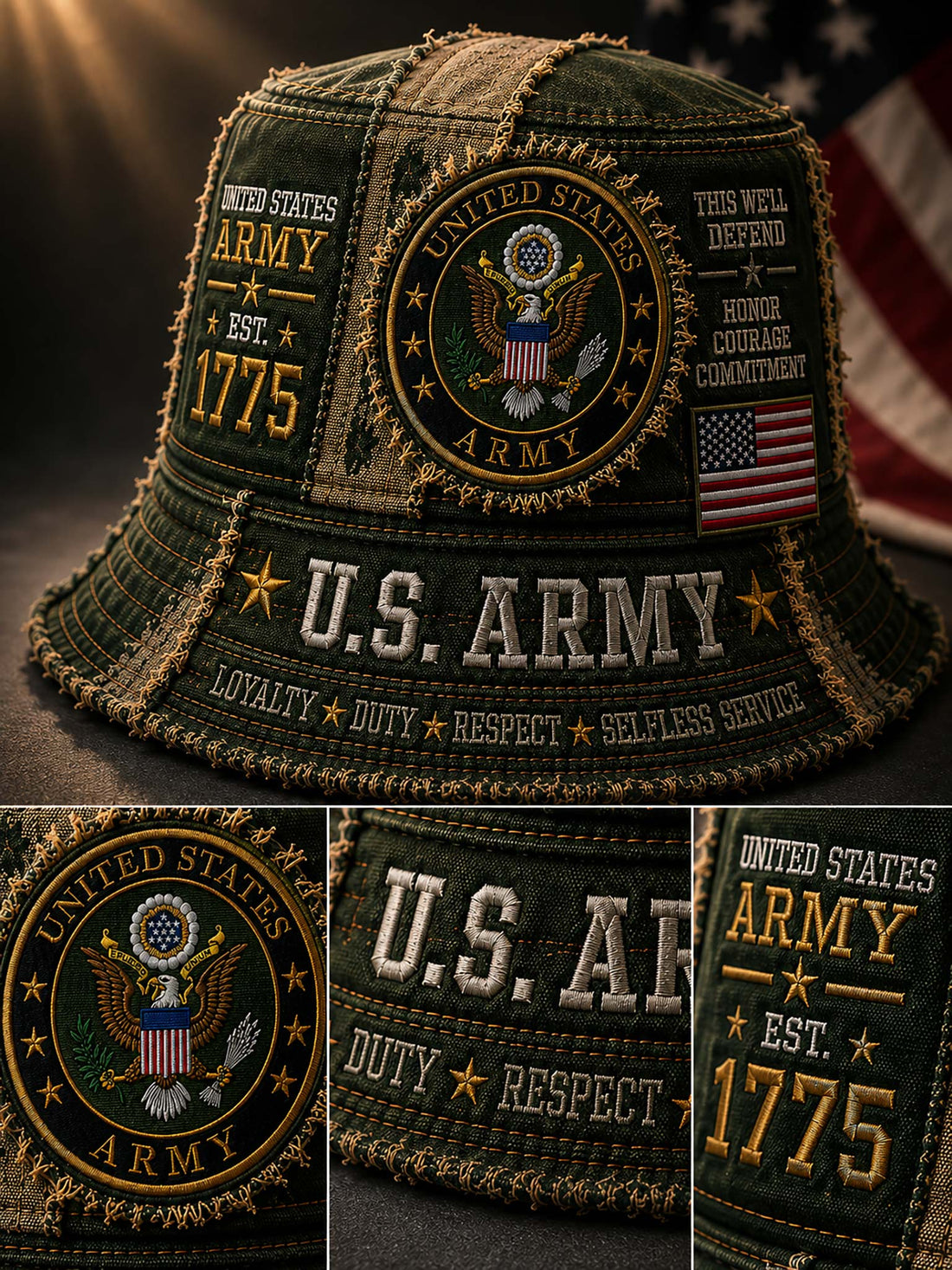 A military-themed bucket hat featuring embroidered patches with 'U.S.