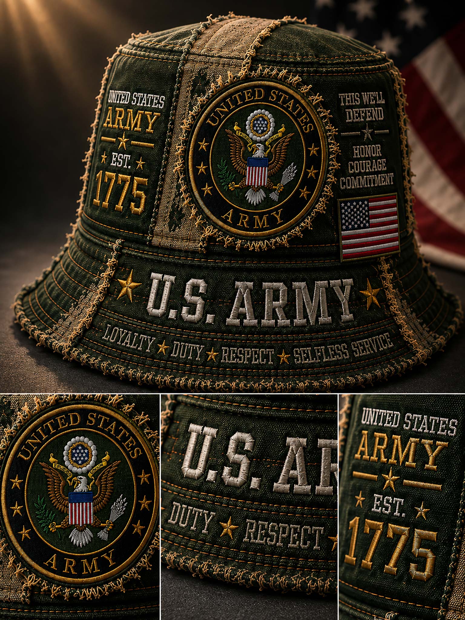 A military-themed bucket hat featuring embroidered patches with 'U.S.