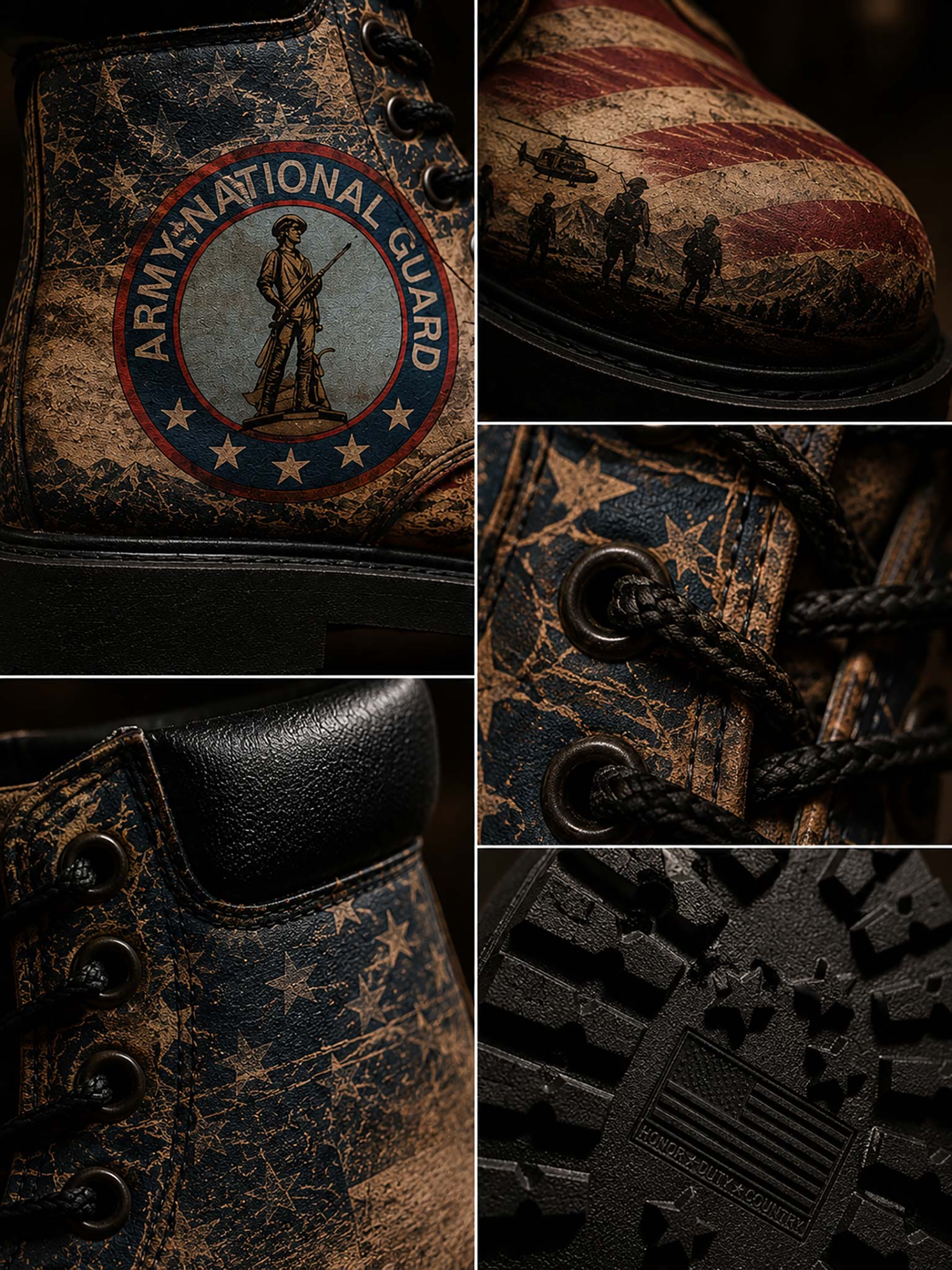A collage of close-up views of a distressed military-style boot. The boot has a dark navy and brown weathered finish with a circular 'Army National Guard' emblem on the side, a patriotic American flag and soldier graphic on the toe, black laces, and a black treaded sole with an embossed American flag.