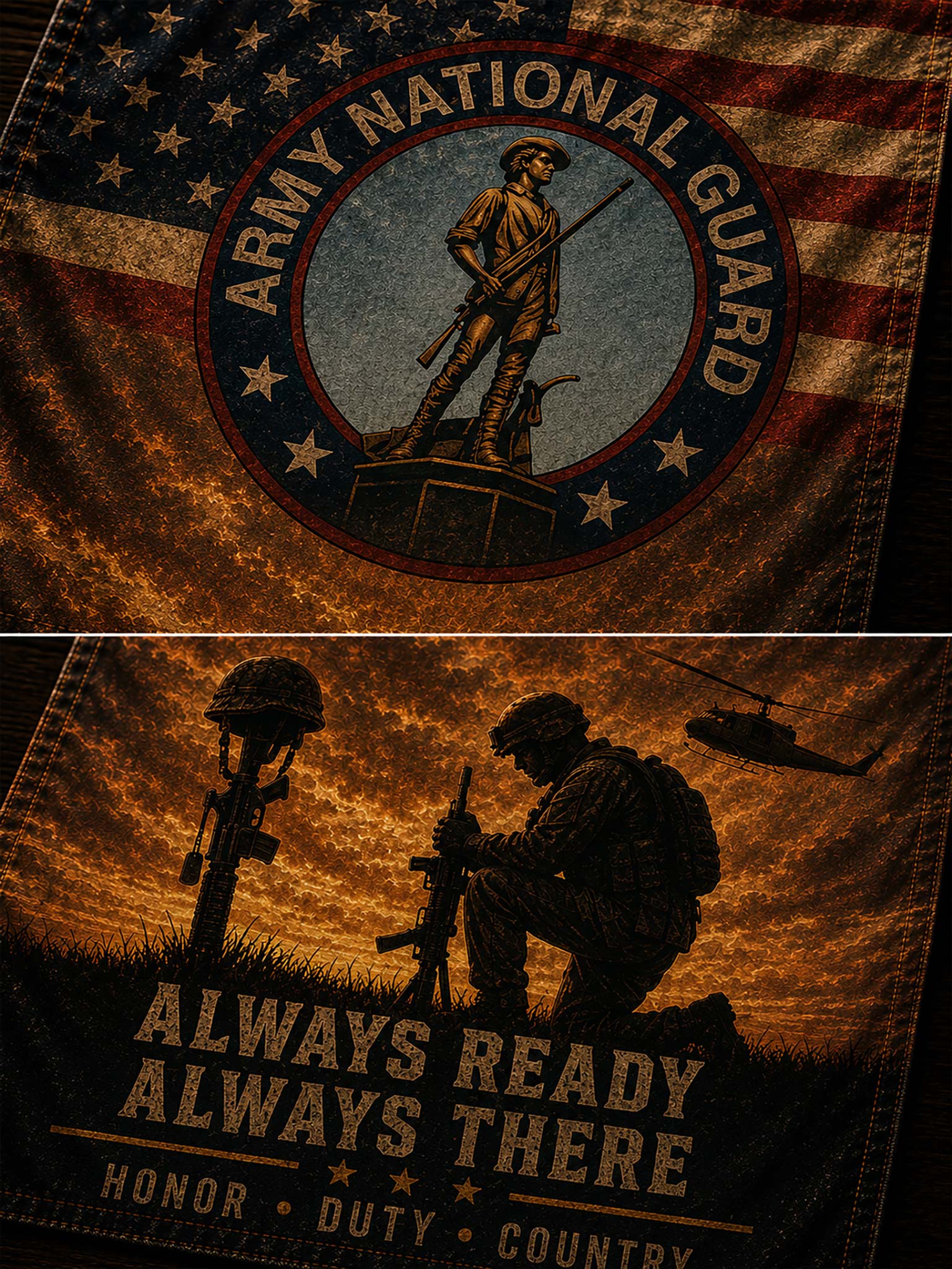 A military-themed fabric banner or flag shown in two views. The top view shows a distressed American flag background with a central Army National Guard emblem and statue.