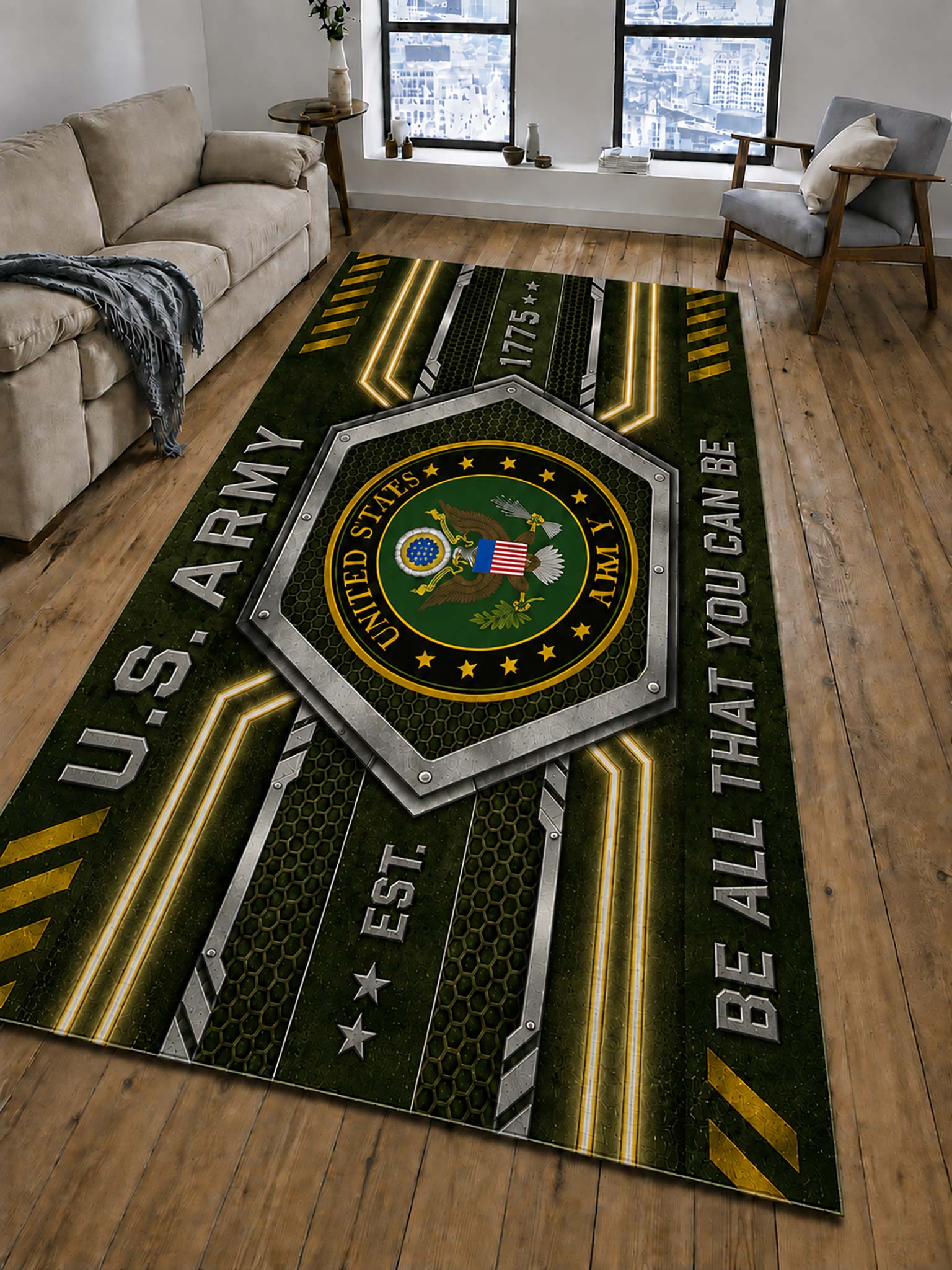 United State Army Geometric Metallic-Style Floor Rug