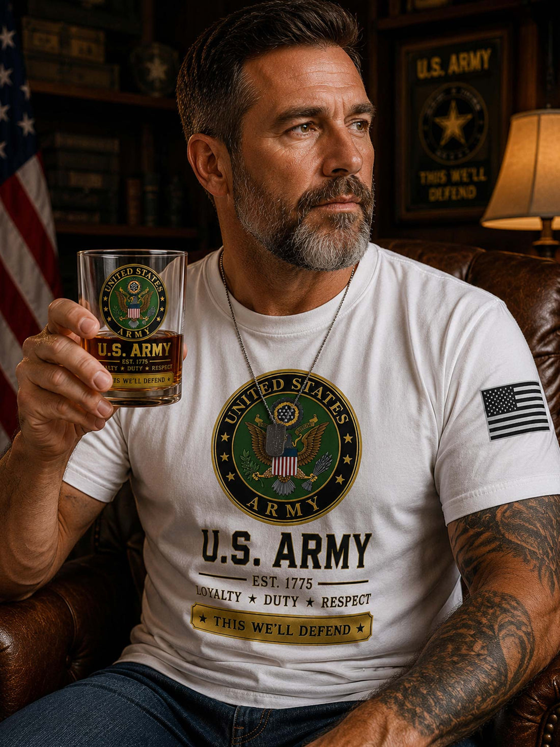 A clear whiskey glass with a printed United States Army emblem and text, filled with amber liquid, set against a black background on a dark wooden surface.