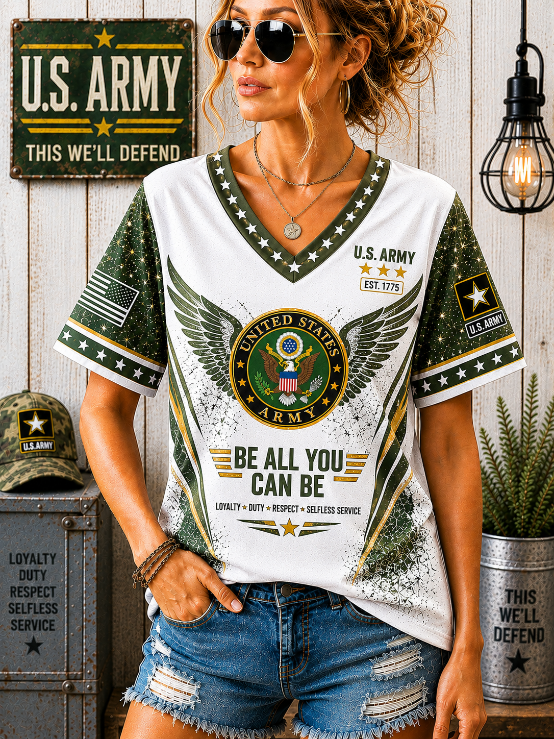 A woman modeling a white V-neck t-shirt with a green and gold U.S.