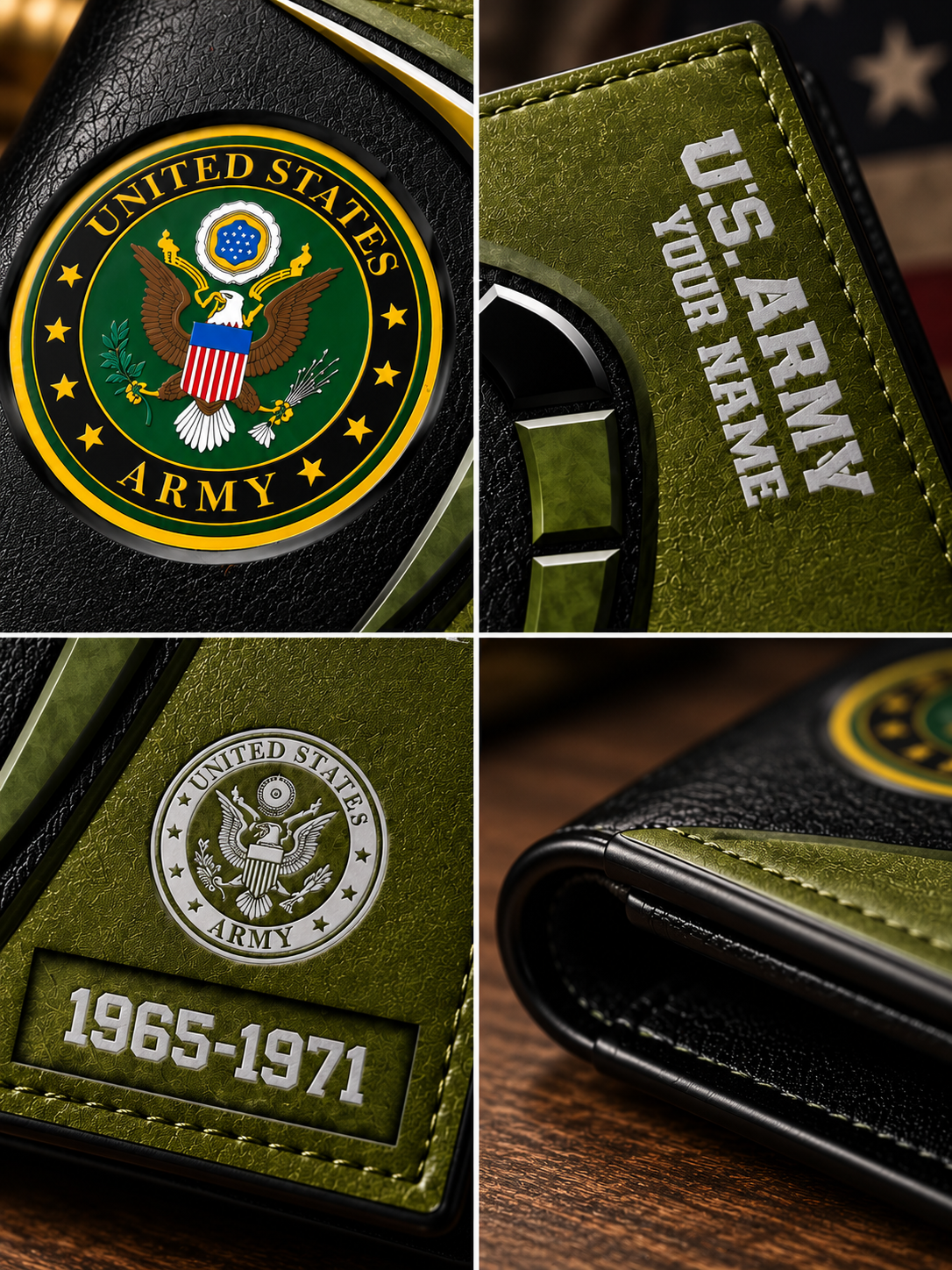 A black and olive green bifold wallet with a U.S.