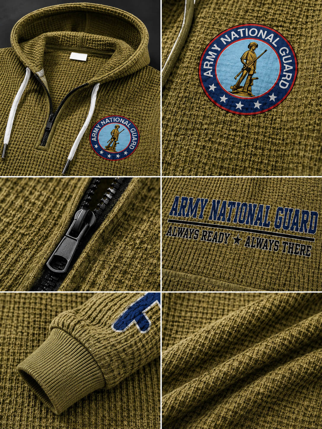 A waffle-knit olive green zip-up hoodie shown in a six-panel collage, featuring an Army National Guard patch on the chest, a close-up of the zipper, the text 'ARMY NATIONAL GUARD' and 'ALWAYS READY * ALWAYS THERE', a ribbed cuff with a blue patch, and a close-up of the fabric texture.
